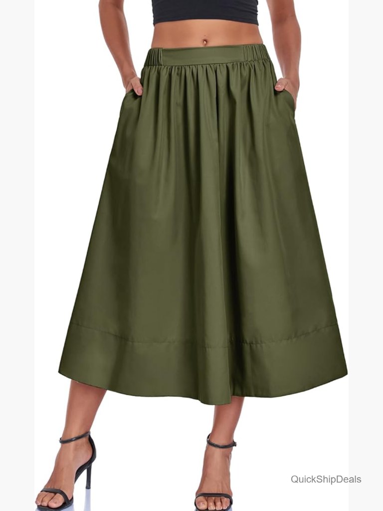 A-Line Midi Skirt With Elastic High Waist Pleated Flowy Pocket